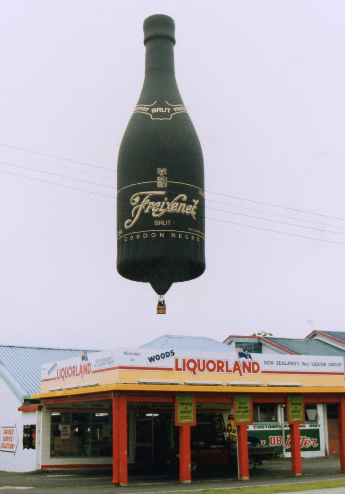 Freixenet bottle hot air balloon over Liquorland