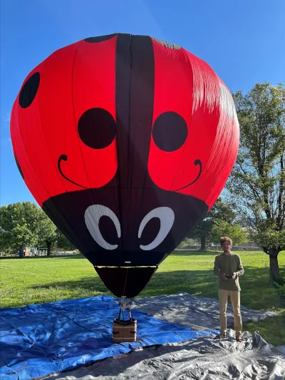 Remote controlled hot air balloon made to look like a ladybird with man standing next to it holding radio controller. He stands about one-third the size of the balloon.